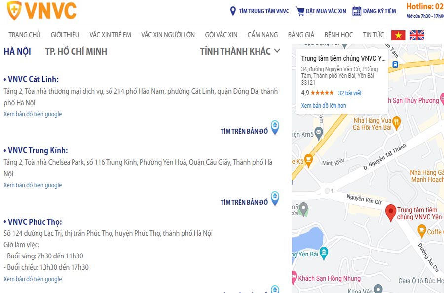 Bạn có thể tìm trung tâm VNVC gần nhất bằng trang chủ