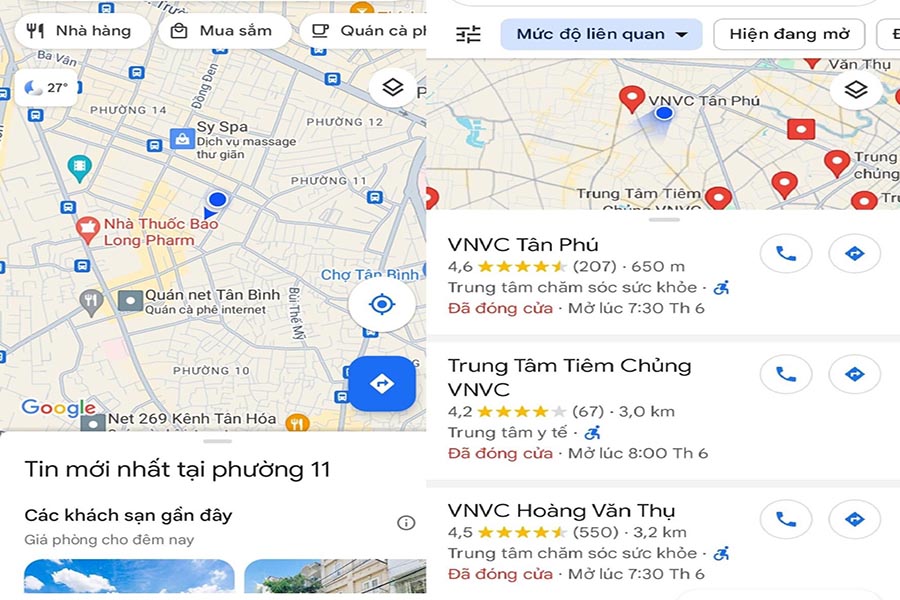 Dựa vào vị trí của bạn Map sẽ hiển thị các VNVC gần nhất
